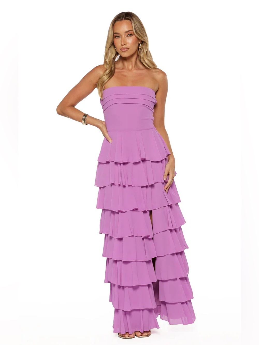 Beginning Boutique Kim Magenta Strapless Ruffle Maxi Dress